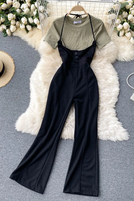 

Women's summer suit 2021 new short-sleeved T-shirt women's all-match high-waist suspender jumpsuit two-piece