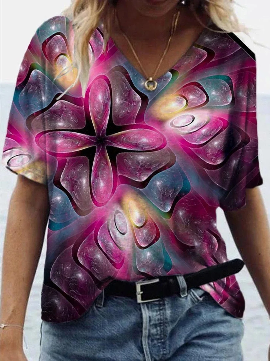 

Lotus 3d Pattern Tshirts Women's Short Sleeved V-neck Casual Summer Gorgeous Top Blusas Elegantes Mujer Beautiful Tshirts