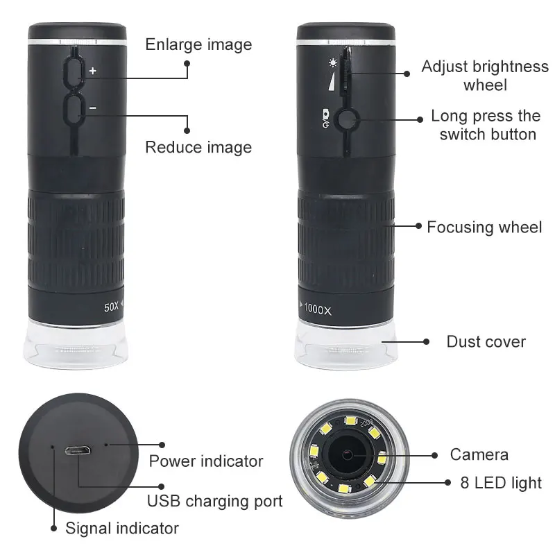 1000X цифровой микроскоп HD 1080P светодиодный USB Wi Fi фотокамера для смартфона