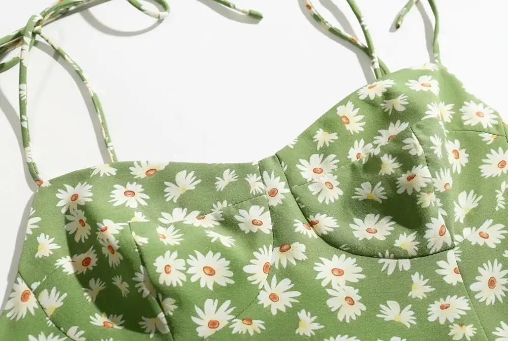 Bazaleas элегантное регулируемое платье на бретельках, vestido, Франция, шикарный зеленый принт с ромашками, женское винтажное платье-миди с разрезом, женское платье