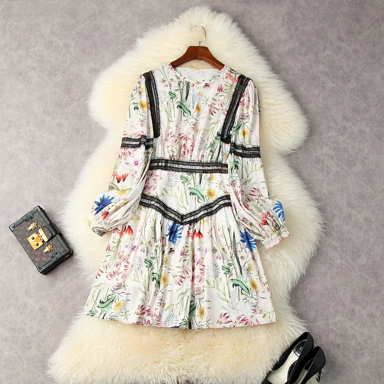 

European and American women's wear for summer 2021 Long - sleeved lantern sleeve printed stitching lace Fashion dress