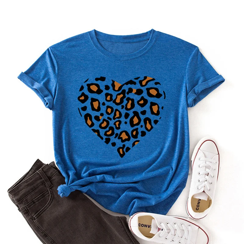 Женская футболка с леопардовым принтом в виде сердца для влюбленных пары модная