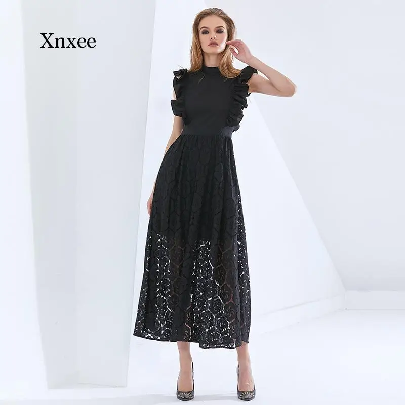 Платье женское средней длины с воланом элегантное черное офисвечерние вечернее