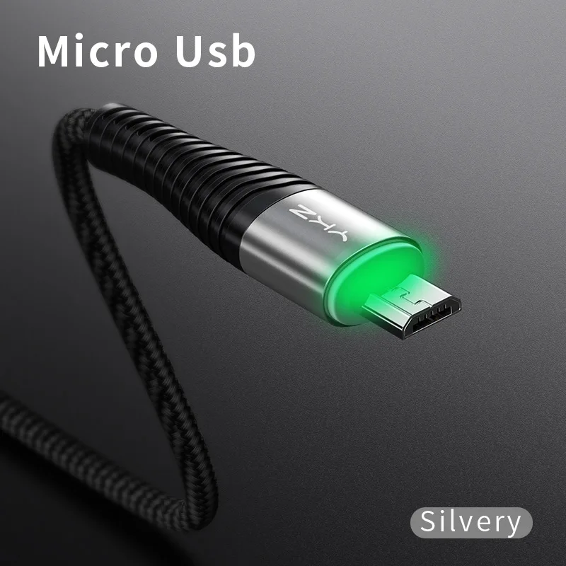 Серебристый YKZ светодиодный Micro USB кабель 3A Быстрая зарядка и синхронизация данных шнур для samsung huawei Xiaomi Andriod USB Microusb Кабели для мобильных телефонов - Цвет: Серебристый