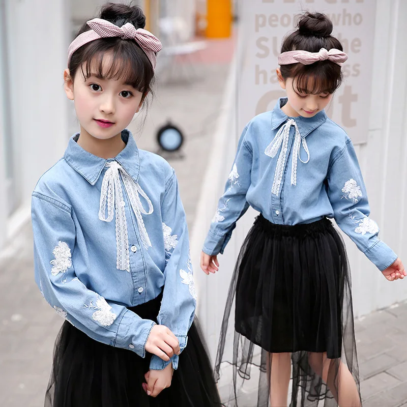 

2021 girls spring embroidered denim shirt long-sleeved bow loose bottoming shirt mid-length