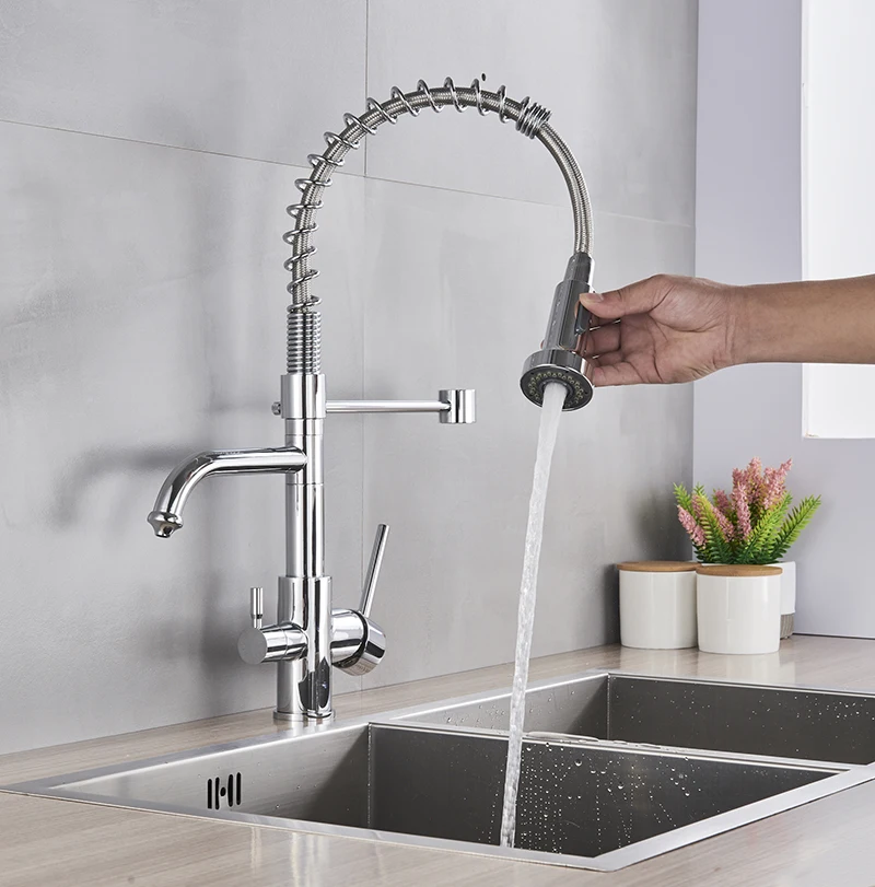 Хромированные краны с водяным фильтром, смесители для кухни, двойная ручка, смеситель на бортике, кран с поворотом на 360 градусов, функция очистки воды, кран
