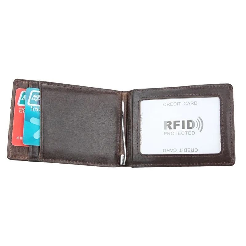 

New Slim Genuine Leather ID/Credit Card Holder Bifold Cowhide Pocket RFID Blocking Business Card Holder Wallet with Dollar Clip