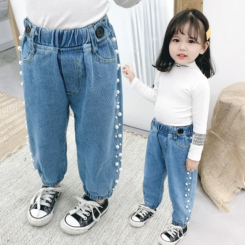 

Джинсовые брюки для мальчиков и девочек, повседневные длинные штаны с жемчужинами, спортивная детская одежда для подростков, весна-осень