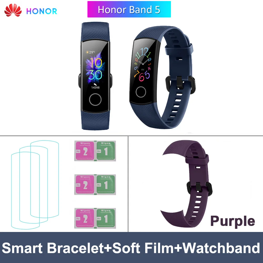 Blue Purple Strap HONOR Band 5 фитнес умный Браслет мониторинг сердечного ритма 5 АТМ водонепроницаемый плавающий Bluetooth 4,2 смарт часы наручные часы - Цвет: Blue Purple Strap