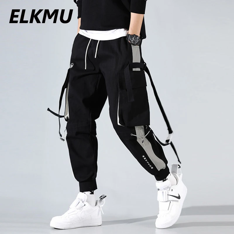 

ELKMU Joggers Men Cargo Pant Streetwear Casual Sweatpants Patchwork Pants Hip Hop Ribbon Design Pocket Trousers Male White HM062