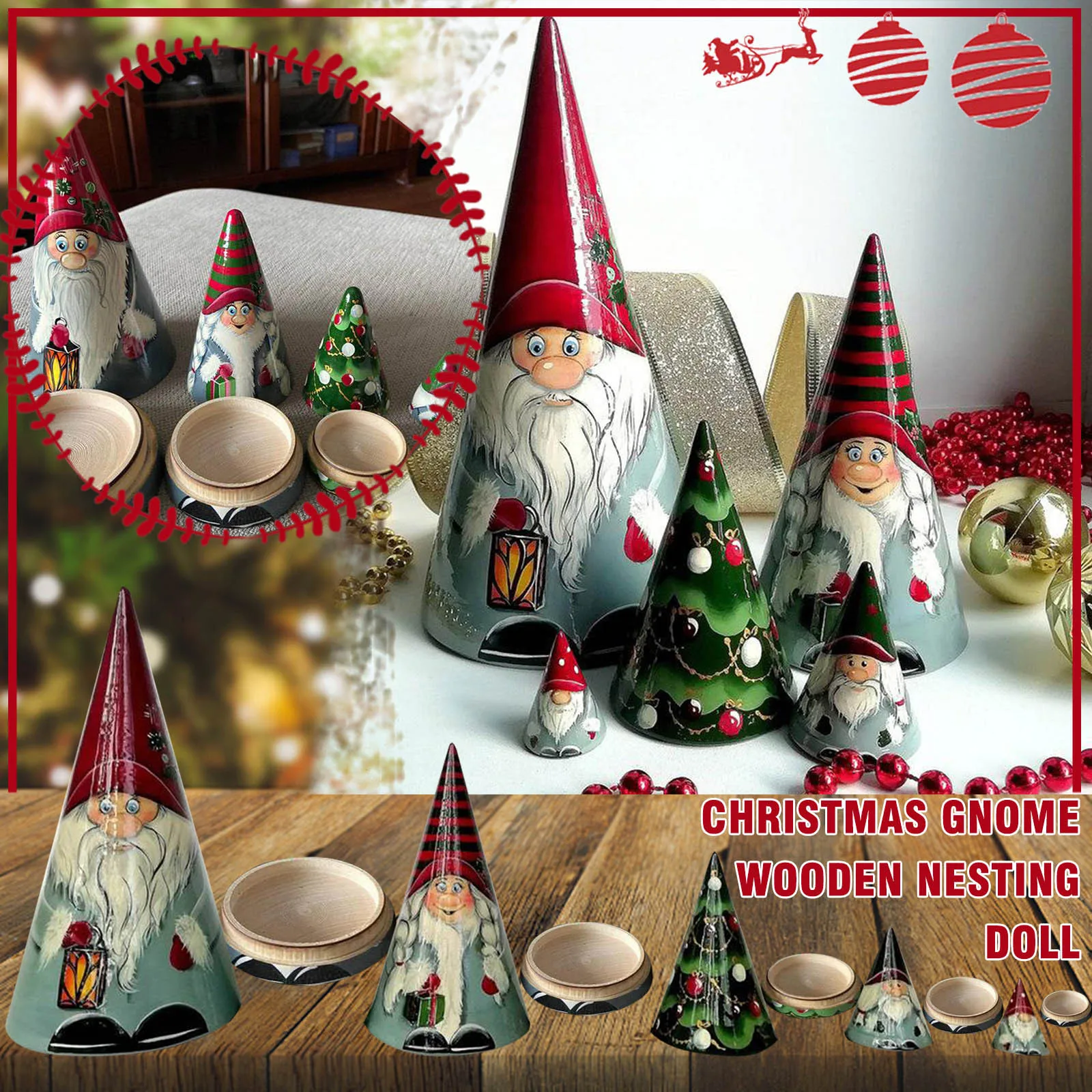 

5pcs Christmas Wooden Nesting Doll Navidad Gnomes Home Desktop Figurines Decorations Natal Matryoshka Holiday Party Crafts Gifts