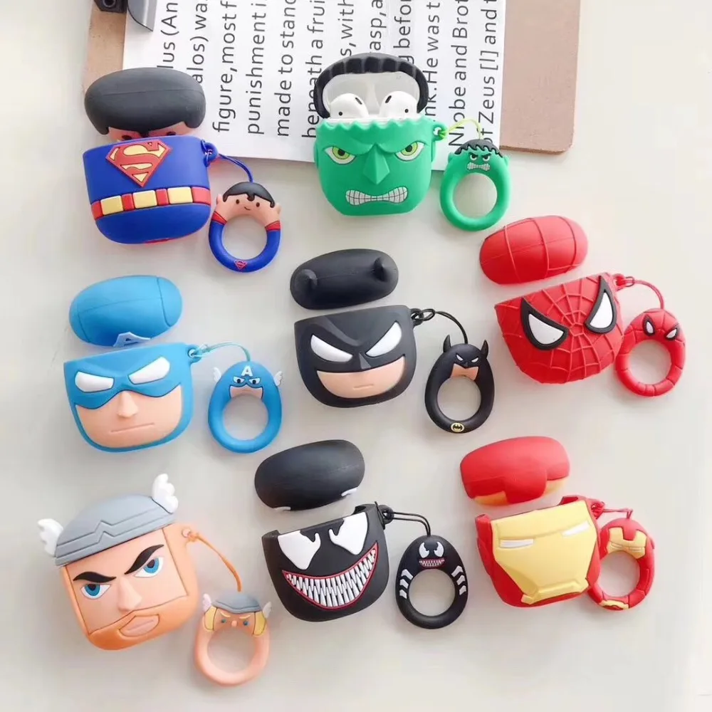 Милый мультфильм Superheros Bluetooth наушники чехол защитный чехол Аксессуары для кожи для Airpods Чехлы зарядная коробка с кольцом ремень