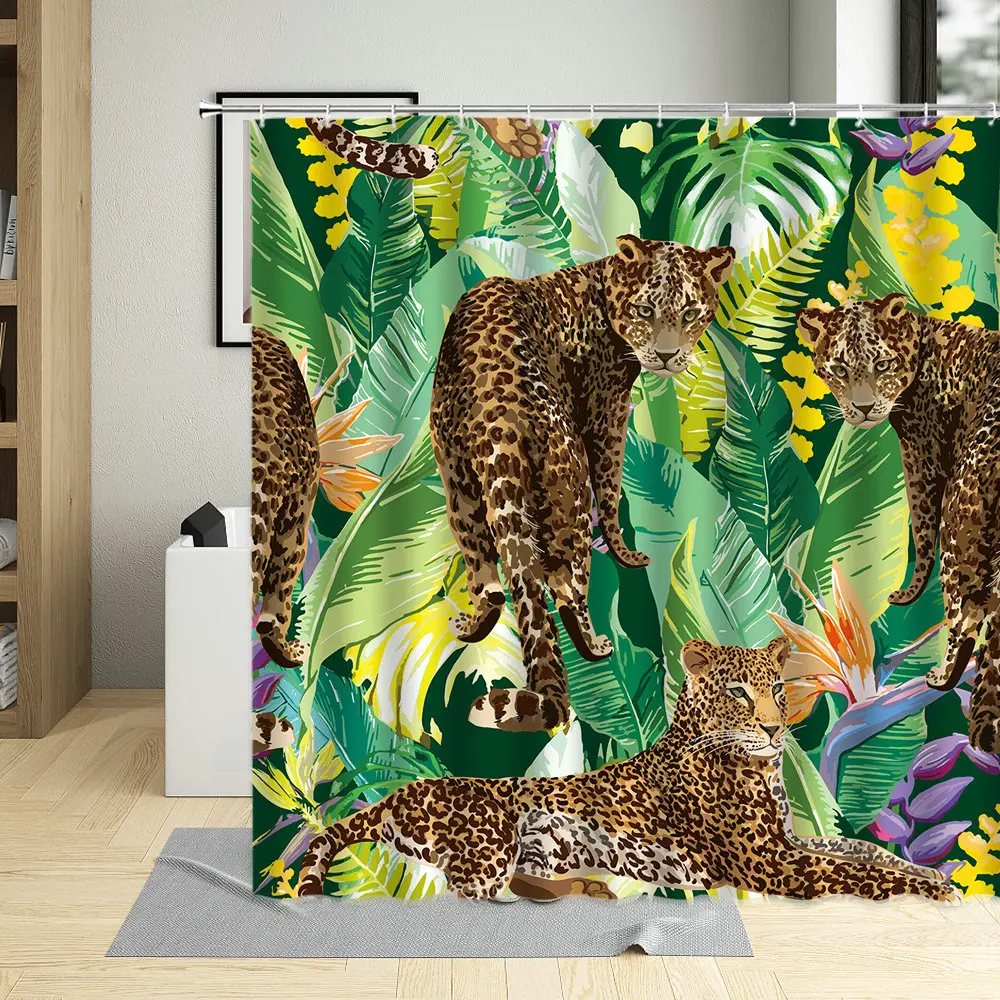 

Занавеска для душа с леопардовым рисунком тропических листьев, диких животных из мультфильмов, декоративная Водонепроницаемая тканевая за...