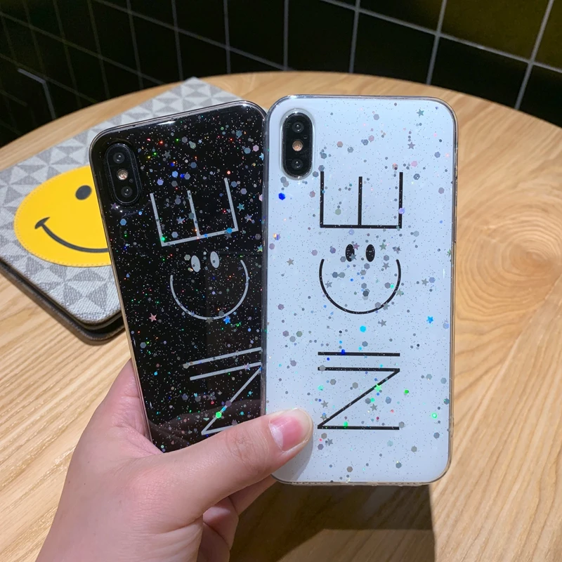 For iPhone 6 6s 7 8 Plus 10 X XS XR Max Bling Glitter Cute NICE Smile Painted Sparkle Sequins Soft Clear Silicone TPU Case Cover | Мобильные