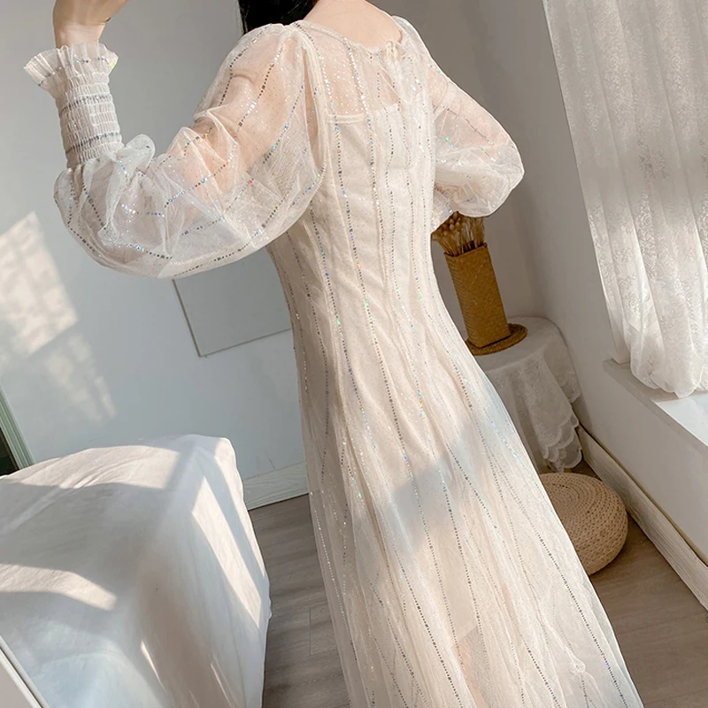 2021 Летнее Длинное Элегантное платье из сетчатой ткани с длинным рукавом платья