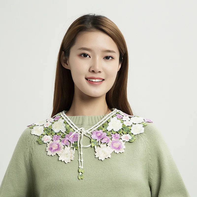

Women Embroidery Lace Cotton Chiffon Blouse Tops Chic Detachable Half Shirt Fake Collar Lady Cardigan Button Lapel False Collars