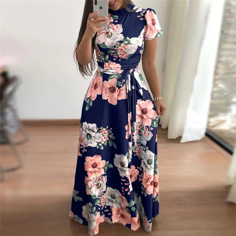 

Sexy Dress Plus Size Women's Summer Long Super Long Casual Long Sleeve Flower Print Casual High Collar Bandage