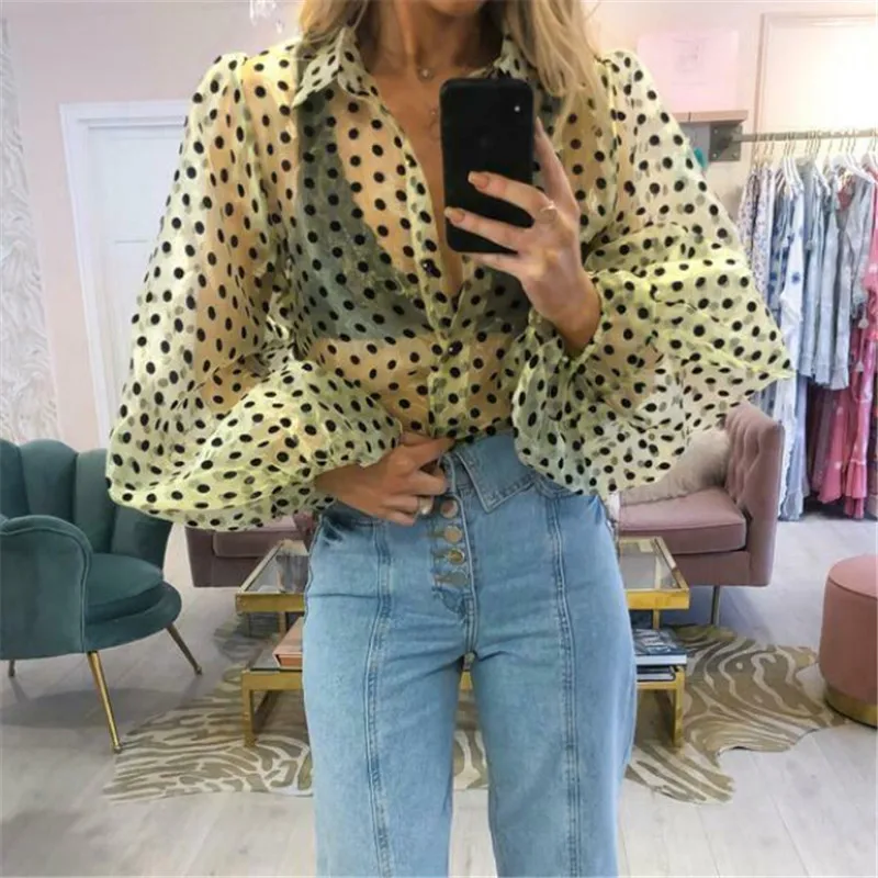 Женские Blusas, новые женские прозрачные сетчатые ретрорубашка, прозрачная Элегантная блузка с рукавами-клеш, модная женская блуза, топы
