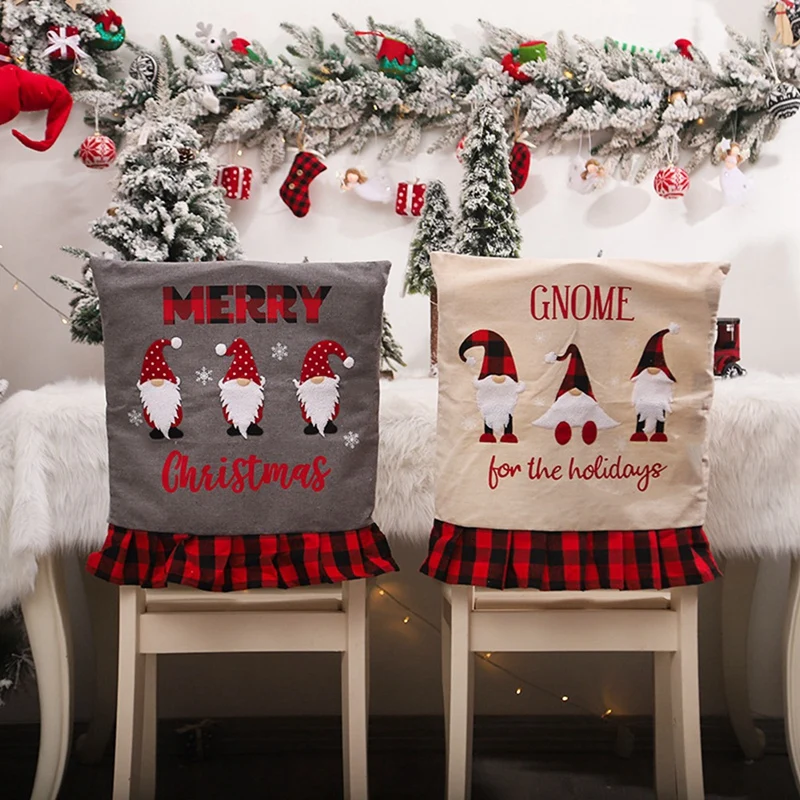 Plaid Fabric Chair Cover Linen Machine Embroidered Faceless Santa For Christmas Decorations | Дом и сад