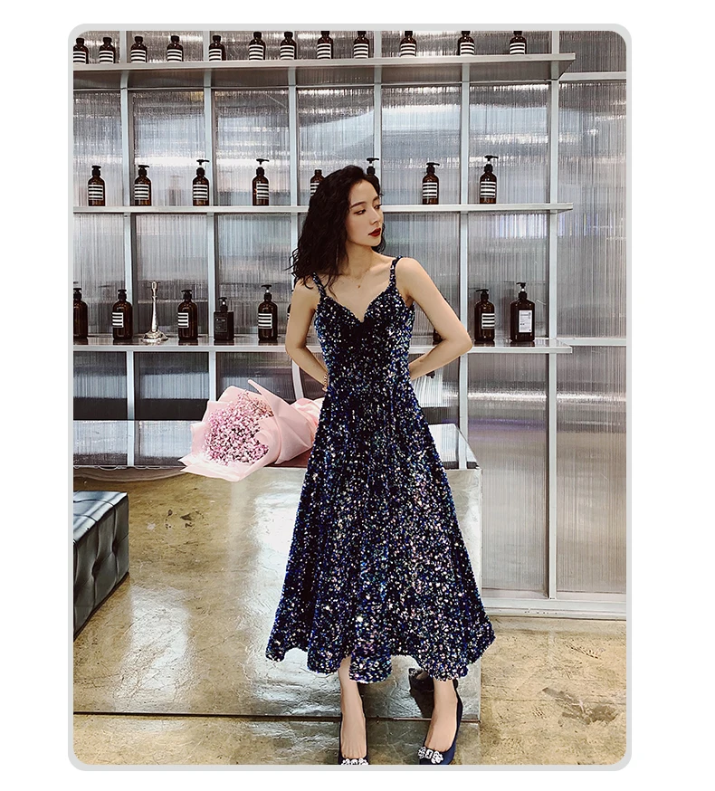 AE552 Prom Dresses Long New V-Neck Sleeveless A-line Sequined Wedding Guest Gowns Vestido De Gala