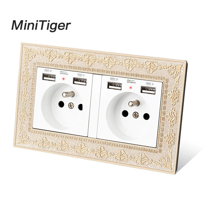 Настенная розетка Minitiger 2 клавиши французская стандартная с 4 USB портами для