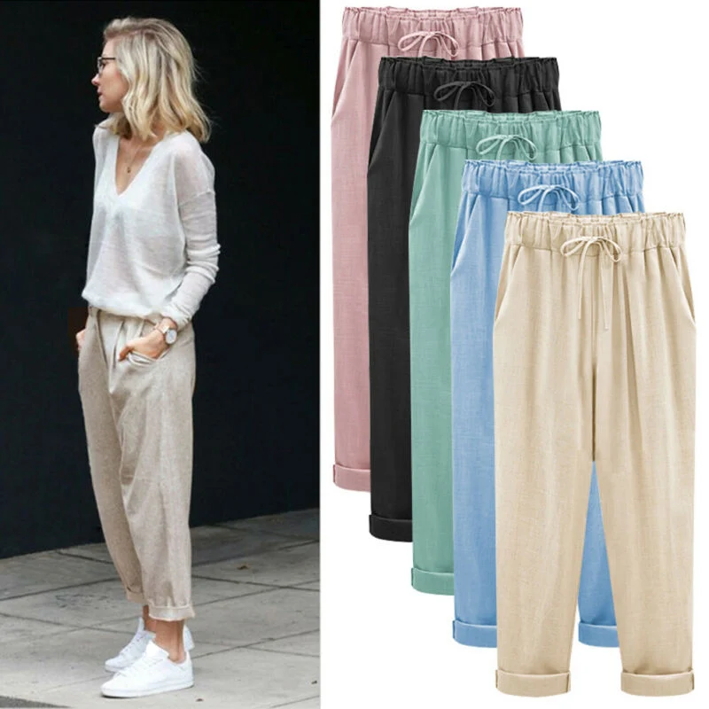 

summer ladies black Loose cotton and linen casual drawstring Straight pants high waist Pink Thin wide leg pants femme pantalon