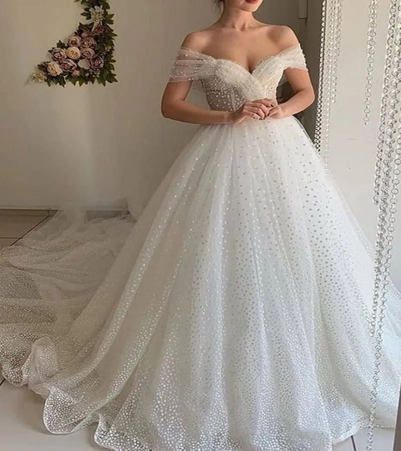 

Bling Sequin Bridal Wedding Dress 2022 Off-The-Shoulder Pearls Bride Gown Arabic Dubai Customed Vestidos De Noiva Mariage