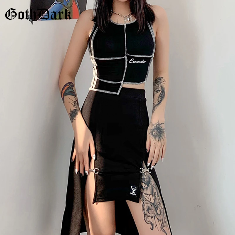 

Goth Dark Punk Style Black Sexy Midi Skirts Gothic Slit Hem High Waist Patchwork Women Grunge Pencil Skirt Fashion Streetwear
