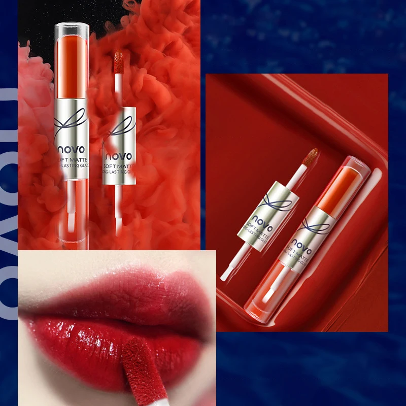 NOVO 2-в-1 бархатное однотонное пальто с двойной головкой матовый блеск для губ