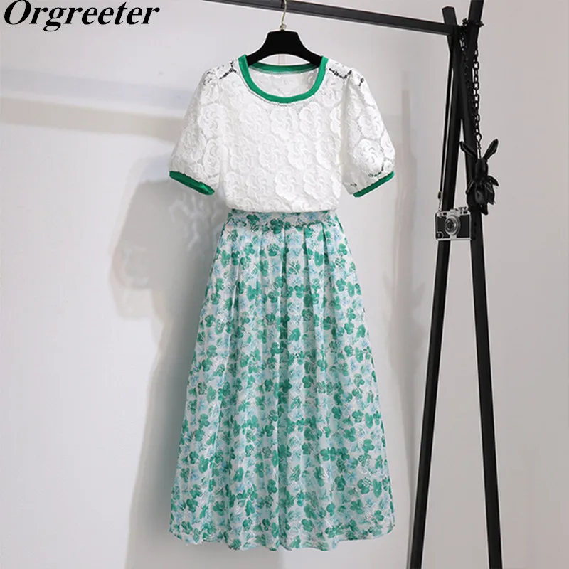 

2021 Summer New Color contrast O-neck Short Sleeve Hook Flower White Lace Tshirt+Embroidery Floral Mid Skirts 2 Piece set Women