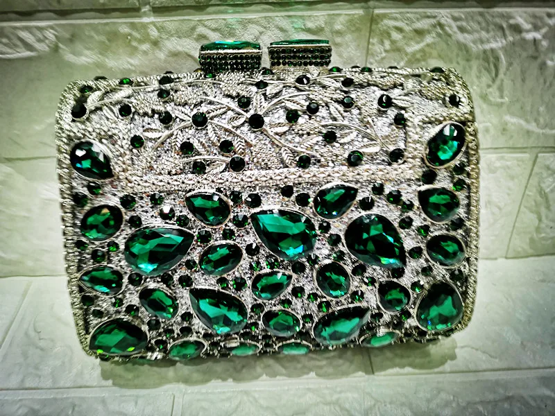 Chaliwini Luxury Emerald Rhinestone Clutch Bag for Female Wedding Bridal Purse Party Bags Gold Silver Ladies Chain Evening Bags