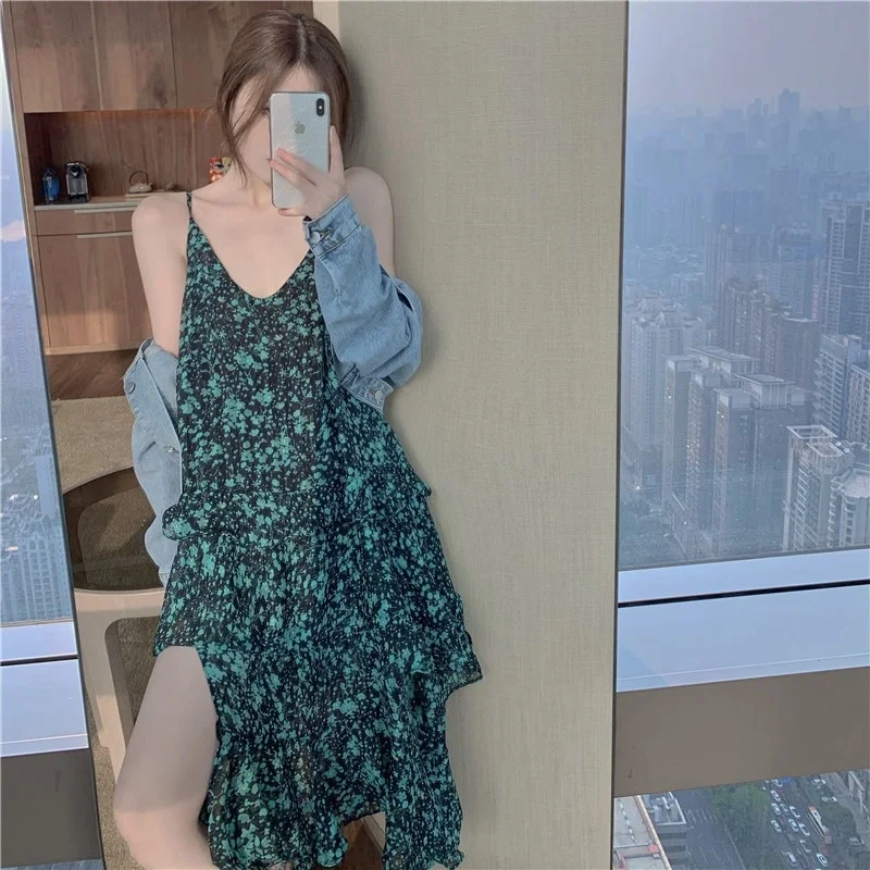 Дизайн Разделение Нерегулярные Спагетти ремень длинное платье новые летние