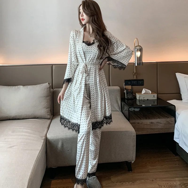 Pajamas Womens Spring and Autumn Long Sleeved Polka Dot Ice Sling Trousers Three Piece Suit Lace Artificial Silk Winter