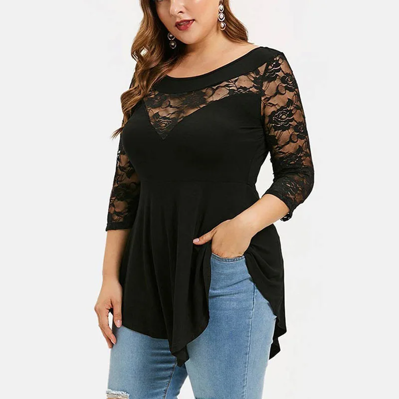 5XL плюс размер блузка женская летняя кружевная открытая бюст три четверти рукав Сексуальная Блузка рубашка Женский жакет Нерегулярные Топы