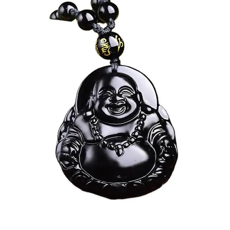 

Natural black Obsidian Crystal laugh buddha Pendant with Bead Chain great gift necklace men or Women