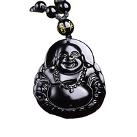 natural black obsidian crystal laugh buddha pendant with bead chain great gift necklace men or women