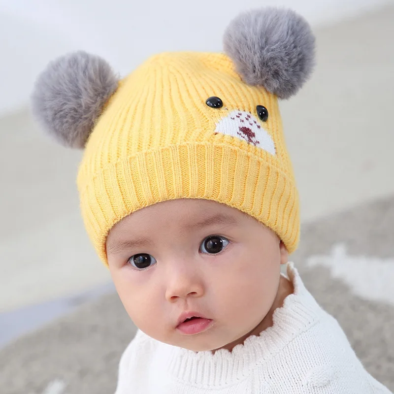 Yellow Новая Милая шапка для новорожденных с медведем, зимняя хлопковая шапка для девочки, мягкая теплая вязаная шапка-шапочки для малышей, шапка с рисунком для детей 3-18 месяцев - Цвет: Yellow