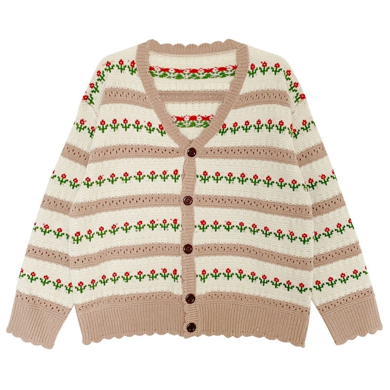 

New style in autumn and winter 2020, net red broken flower knitted sweater with hollow cardigan and V-neck loose top trend