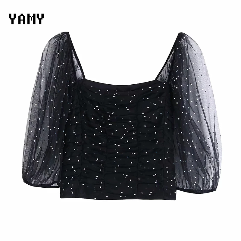 Женский укороченный топ в горошек расшитый блестками сетчатый с пышными