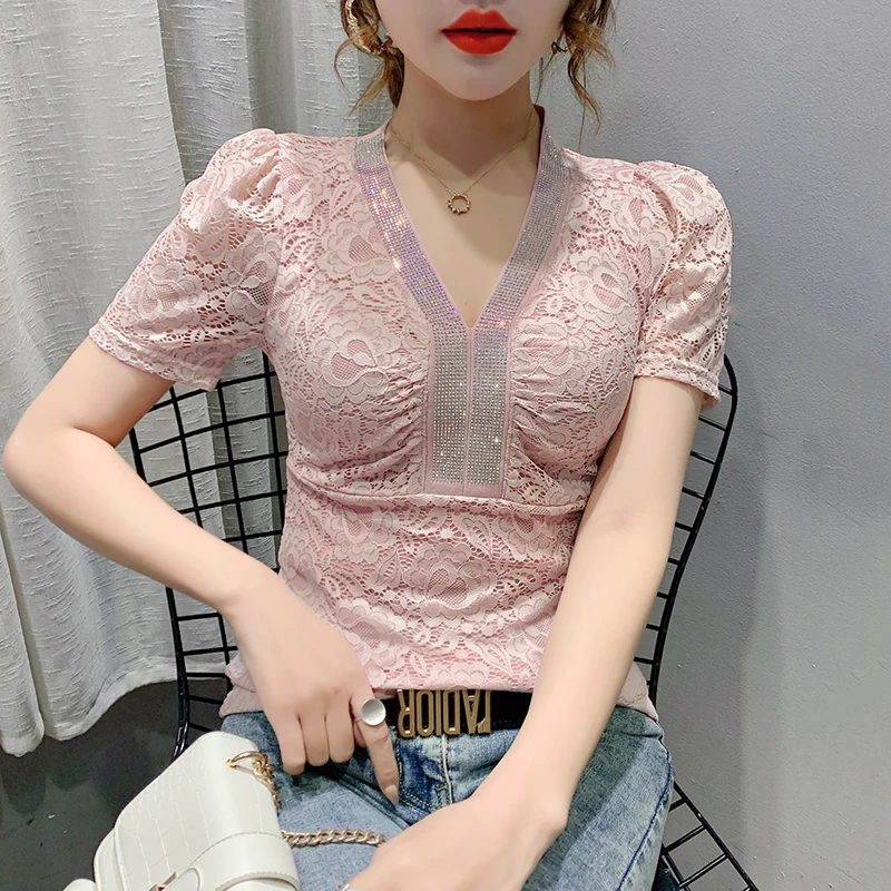 

Fashion Diamond Lace T-Shirt Ladies V-Neck summer Tops T-Shirts Women Large size Short sleeve