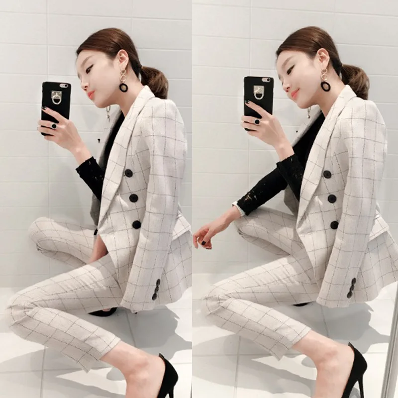

Plaid Female Business Suit Summer Loose Elegant Korean Style Women Suit Jacket Tweed Set Working Komplet Damski Clothing Eg50xf