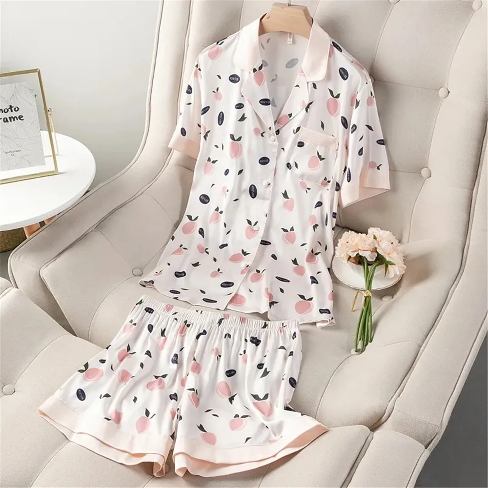 

2021 Ice Silk Fashion Printed Summer Cute Casual Loose Short Sleeves All Match Homewear Cotton Women Korean Kawaii Pajamas Sets