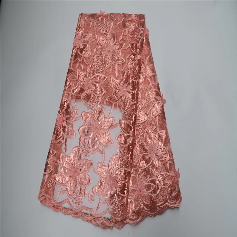 

African Net Lace Fabric, High Quality 3d Sequins Nigerian Wedding Lace Fabrics 5Yards Beads French Tulle lace with 3d Applique