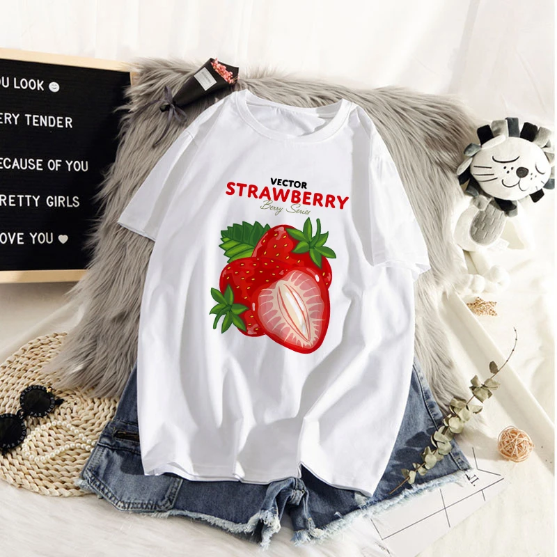 

fashion casual white T-shirt Harajuku graphic T-shirt short sleeve Women's T-shirt cute strawberry apple funny printed T-shirt