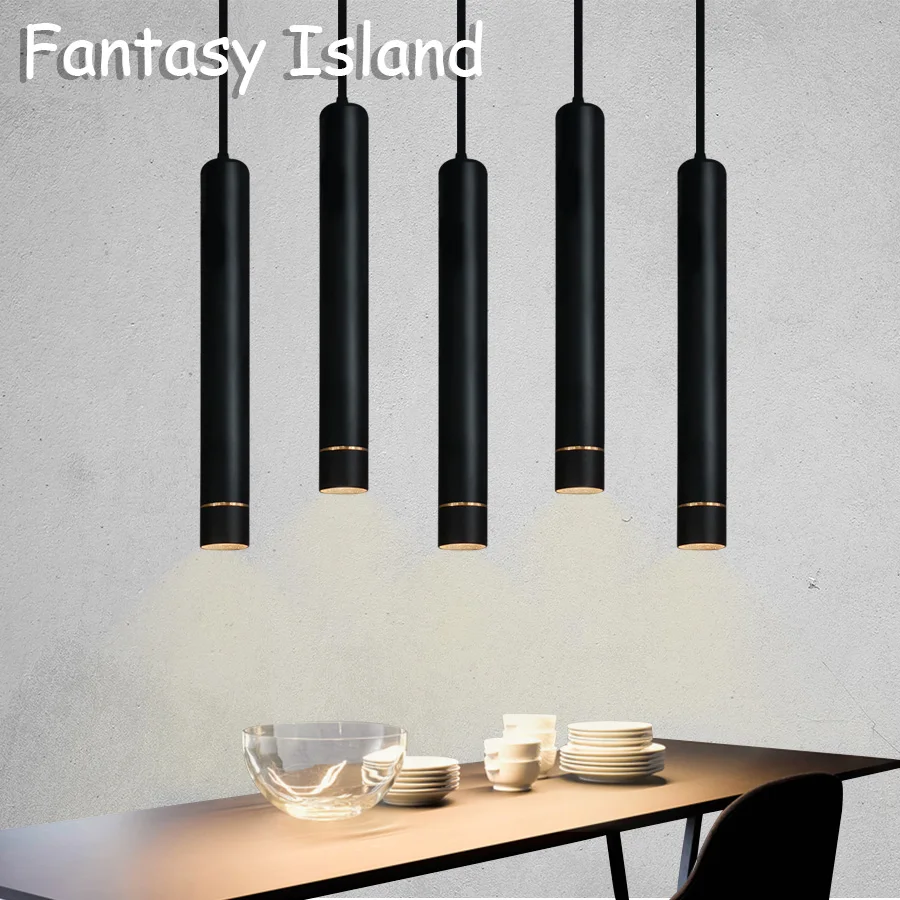 Lámpara colgante de tubo largo para cocina, lámpara led blanca de anillo dorado, decoración de comedor, tienda, Bar, tubo cilíndrico