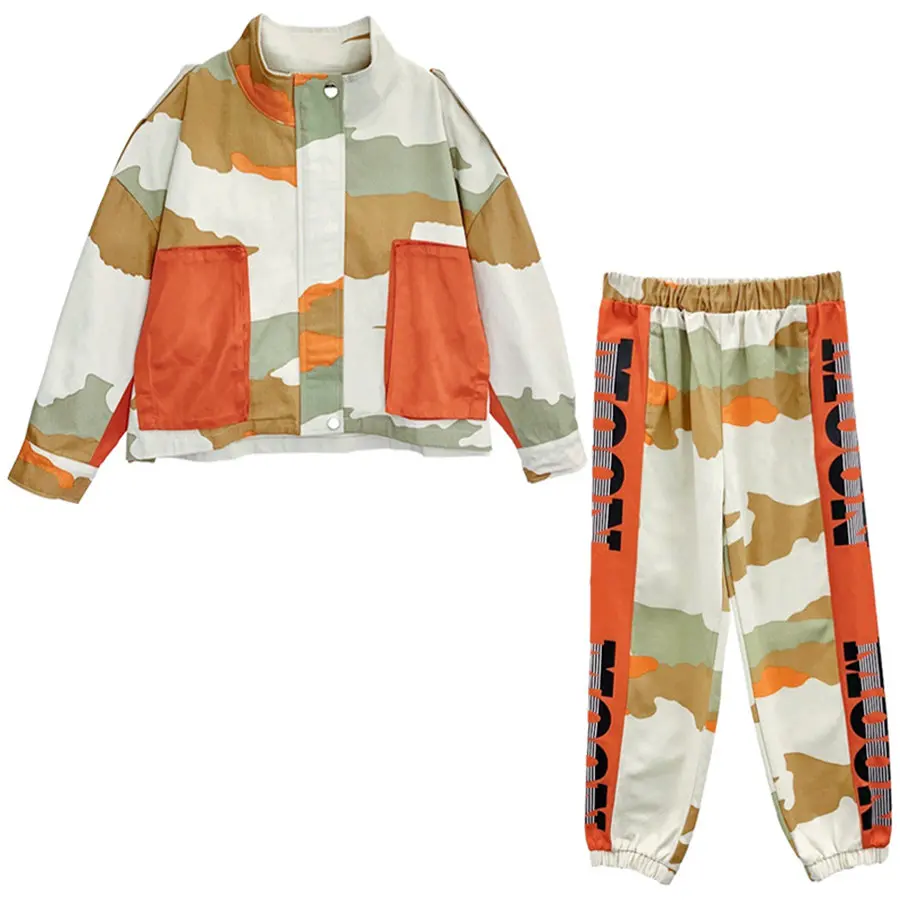 

Spring Streetwear Girls Clothing Set 4-13 Years Fashion Color Block Camouflage Jacket + Pants Set Children Beauty Suit For Girls