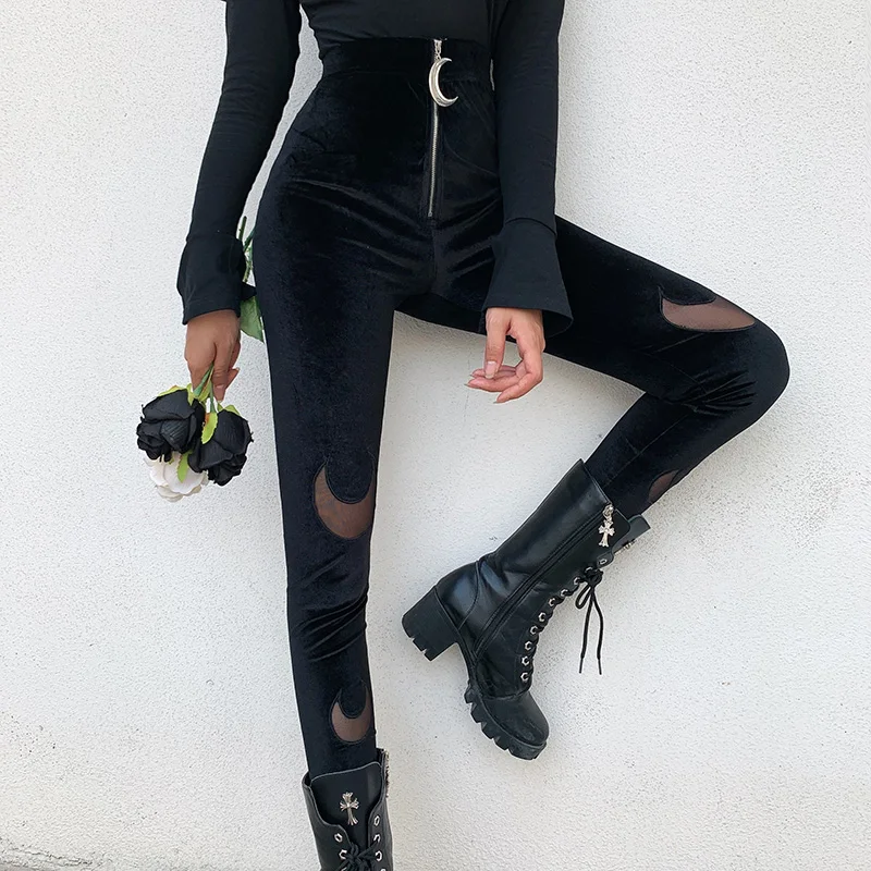 Фото Черные Готические облегающие брюки с высокой талией женские гранж панк уличная