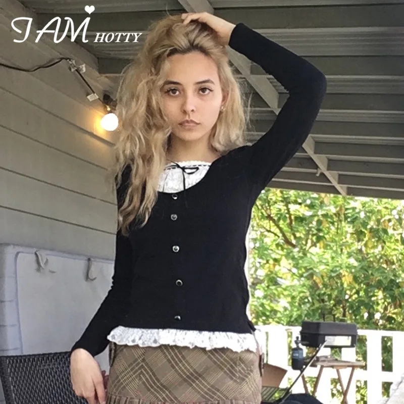 

IAMHOTTY Fake 2 Piece Patchwork Top Tees Lace Bow Kawaii T-shirt Long Sleeve Button Black Ribbed Pullovers Korean Clothes 90s