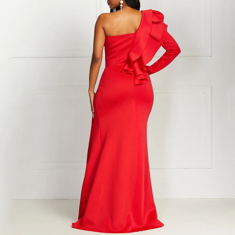 

Party Queen Mermaid Dress For Women Dinner Gowns Sexy One Shoulder Red Ruffles Plus Size M-3XL Female Evening Long Dresses Maxi