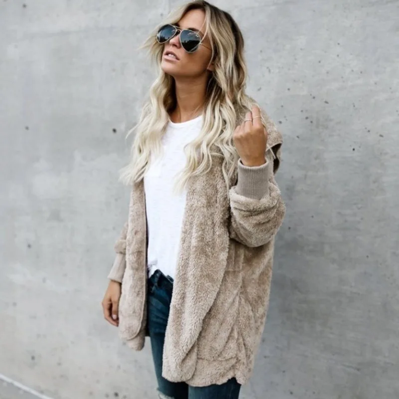 Женское Свободное пальто с карманами повседневное Однотонное шерстяное